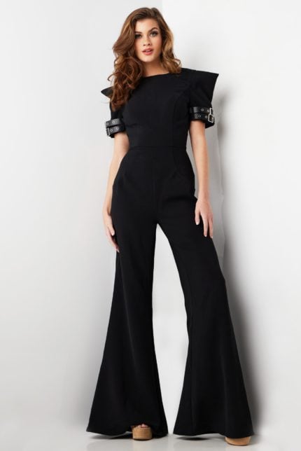 model showcasing Jovani 36692 black jumpsuit front view with stylish details