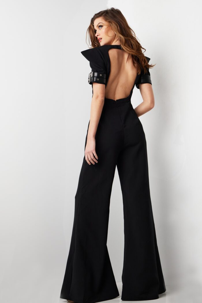 Model wearing Black Short Sleeve Open Back Jumpsuit 36692
