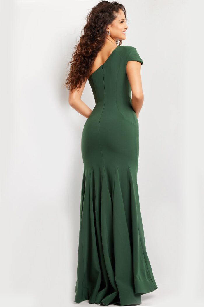 Model wearing Emerald One Shoulder Fitted Evening Gown 36699