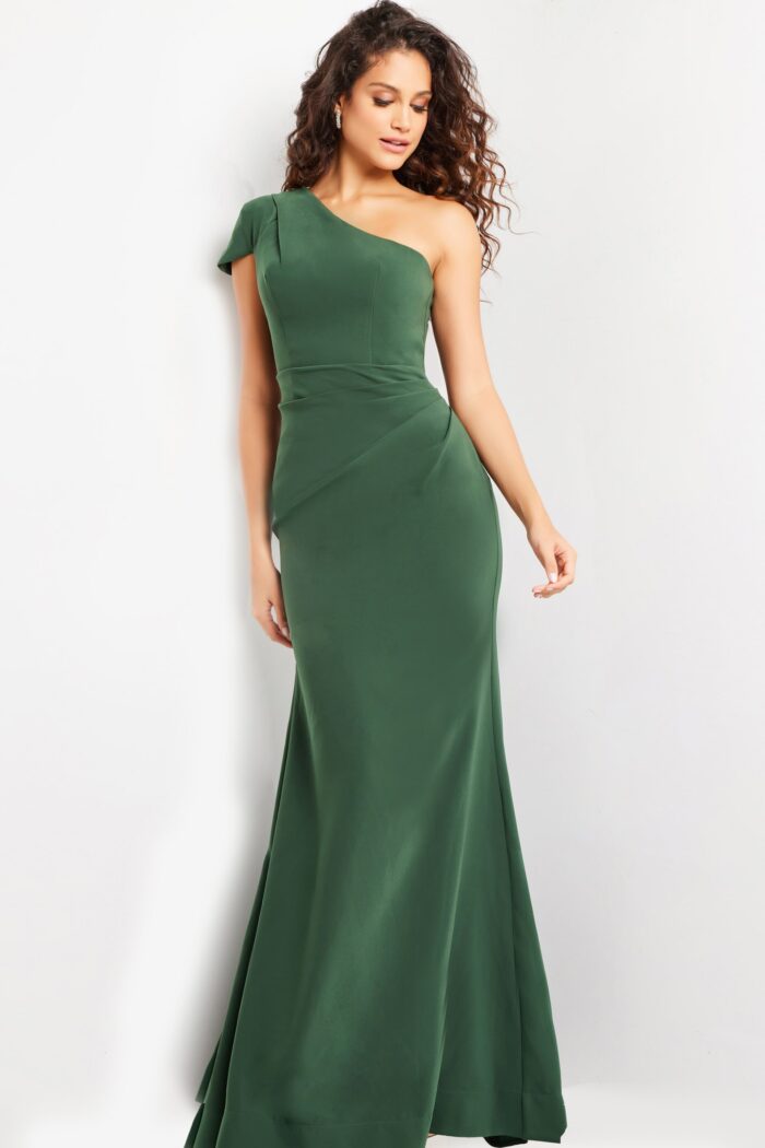 Model wearing Emerald One Shoulder Fitted Evening Gown 36699