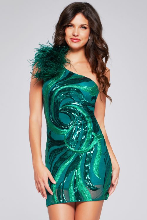 Emerald Feather Shoulder Embellished Short Dress 36713