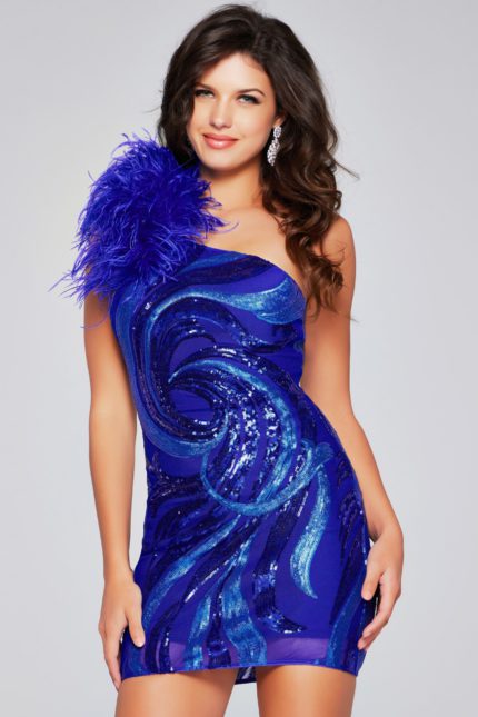 Model wearing Jovani 36713 royal blue sequined mini dress with feather detail on one shoulder, front view.