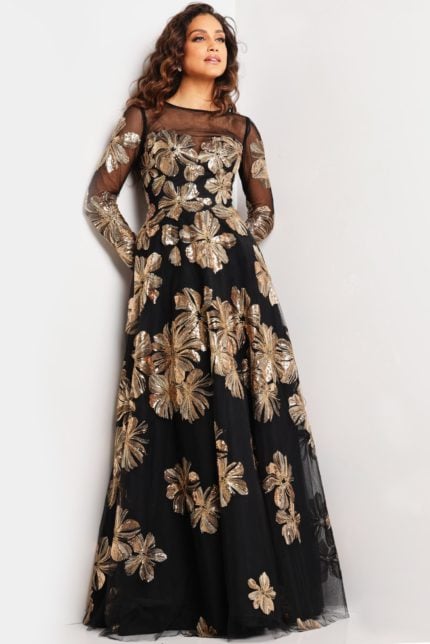 Model showcasing Jovani 36716 black gown with gold floral details, front view.