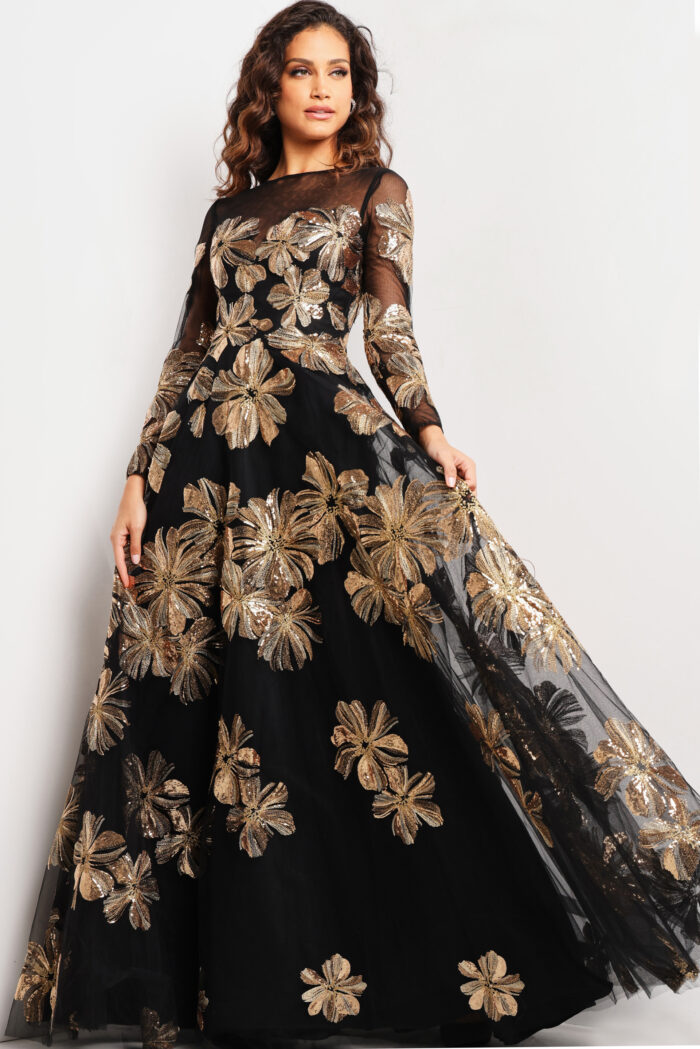 Model wearing Black and Gold Long Sleeve Formal Dress 36716