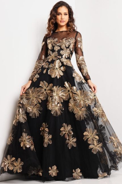 Model wearing Jovani 36716 black gown with gold floral embroidery, front view.