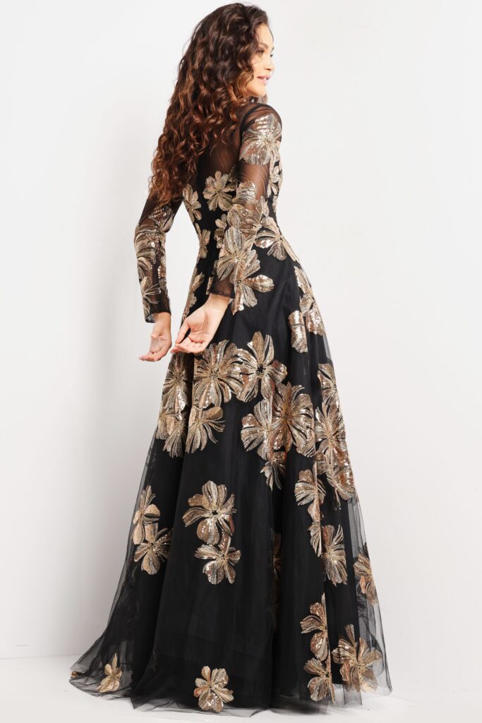 Black and Gold Long Sleeve Formal Dress 36716