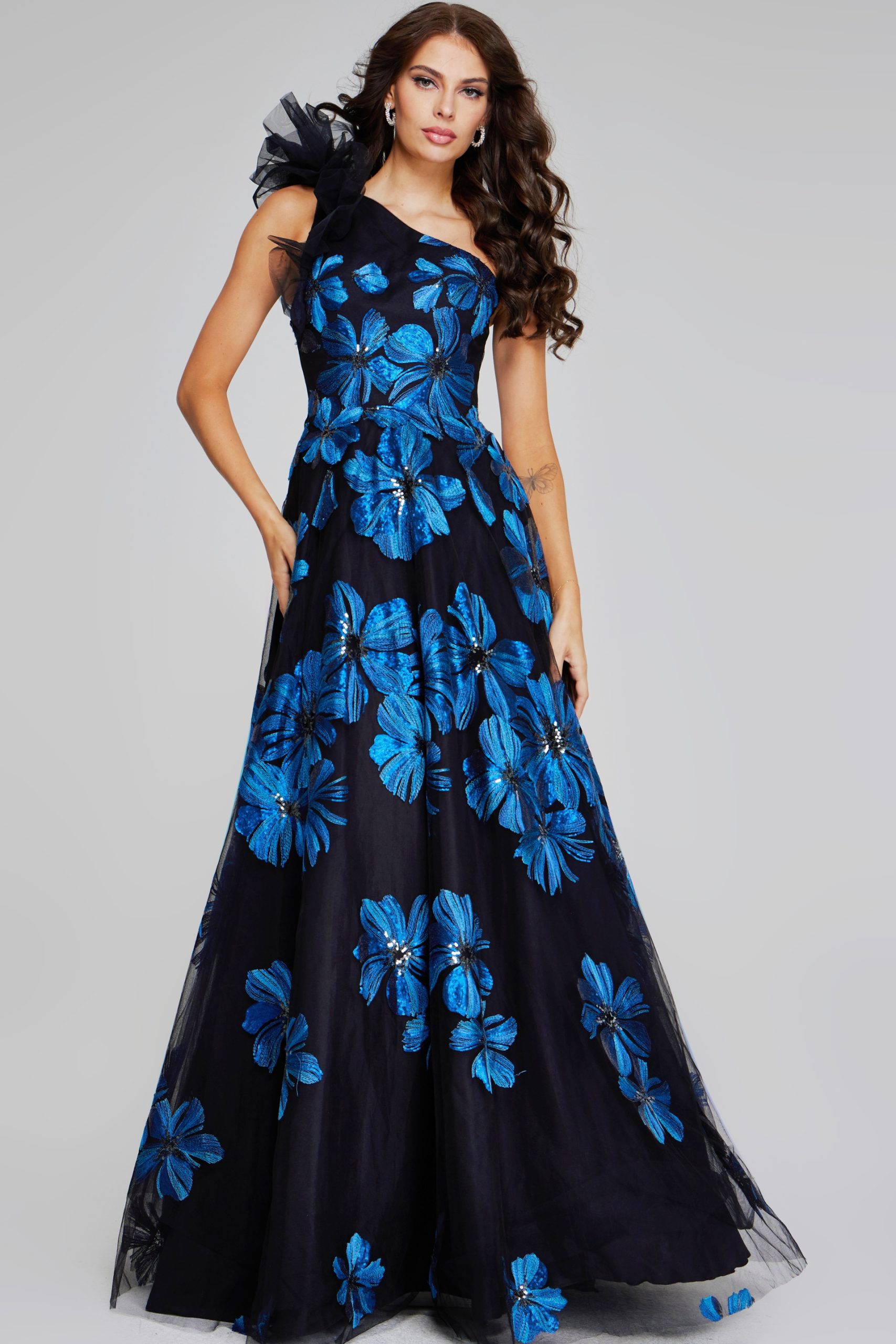 Navy Black Floral A Line Gown 36717