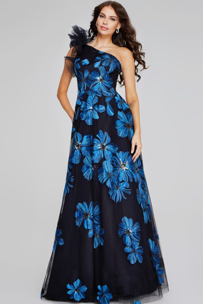 Model wearing Navy Black Floral A Line Gown 36717