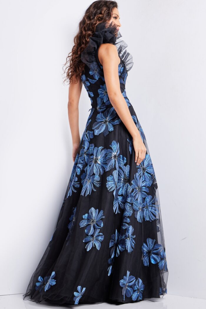 Model wearing Navy Black Floral A Line Gown 36717