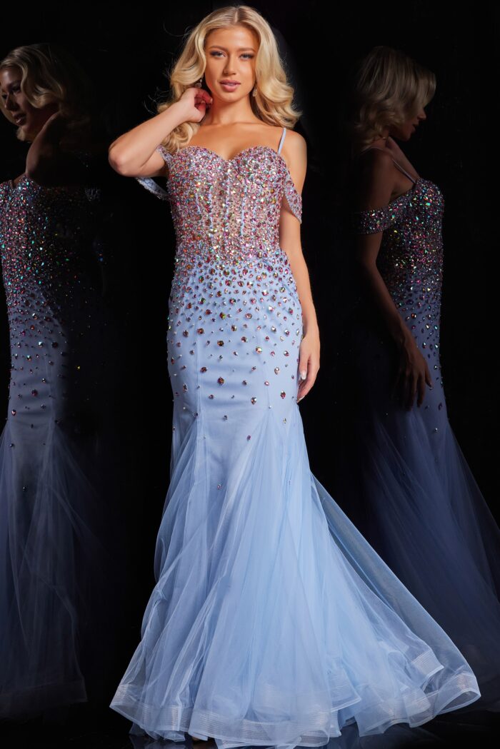 Model wearing Light Blue Mermaid Long Beaded Dress 36730