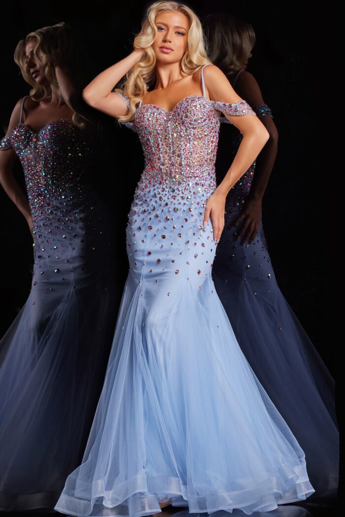 Model wearing Light Blue Mermaid Long Beaded Dress 36730