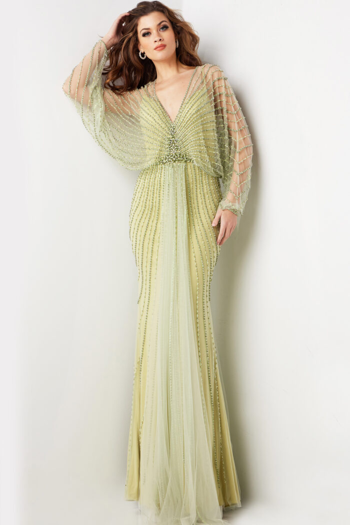 Model wearing Beaded Long Sleeve Evening Dress 36744