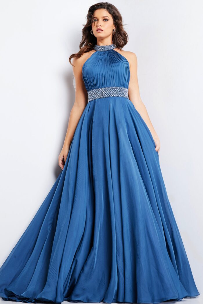 Model wearing Navy Ruched Bodice Beaded Ballgown 36749