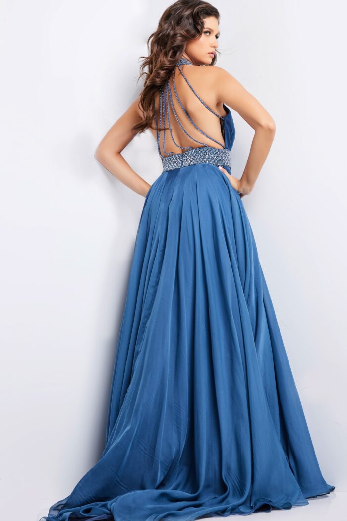 Model wearing Navy Ruched Bodice Beaded Ballgown 36749
