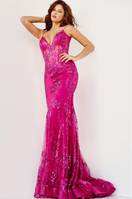 Model wearing Jovani 3675 pink mermaid gown with lace detailing, front view