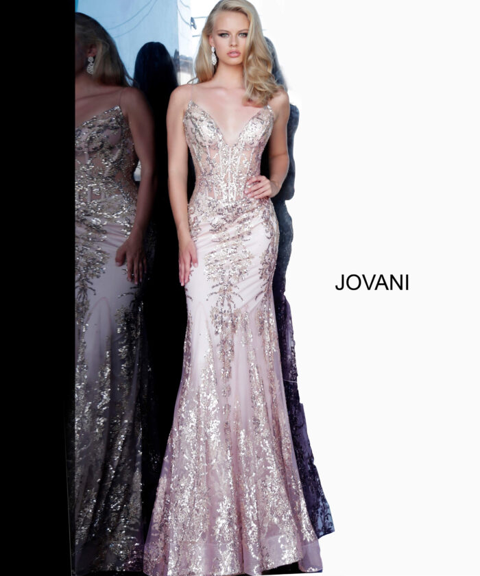 Model wearing Jovani 3675 Mermaid Corset Bodice Dress