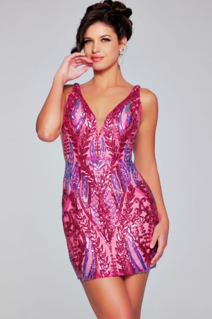 Model wearing Jovani 36784 vibrant pink sequin dress, front view.