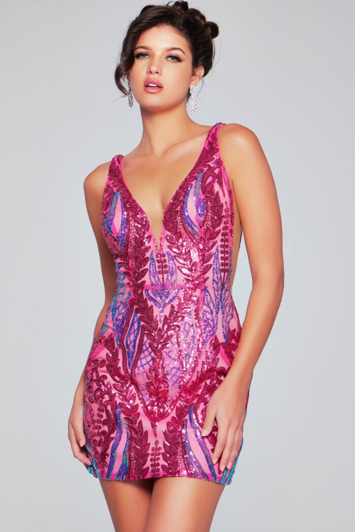 Model wearing Jovani 36784 Iridescent Hot Pink Dress, Sheer Panels, V-Back