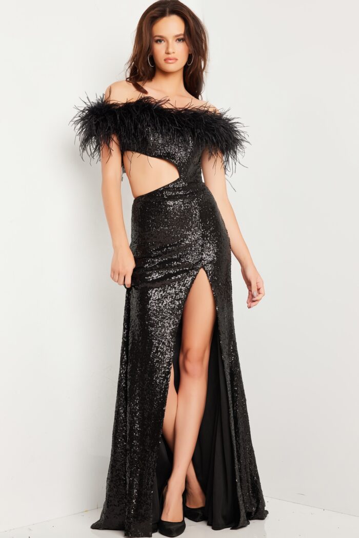 Model wearing Black Off The Shoulder Sequin Gown 36808