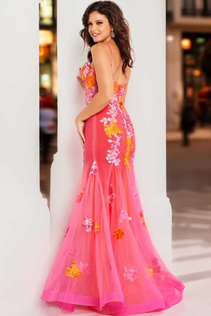 Model wearing Pink Floral Mermaid Gown 36843