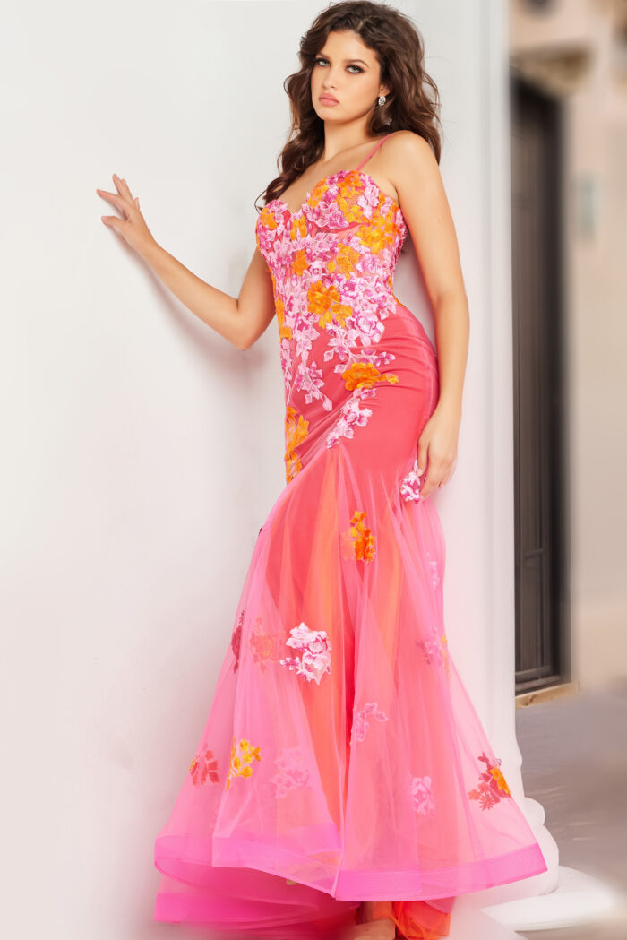 Model wearing Pink Floral Mermaid Gown 36843