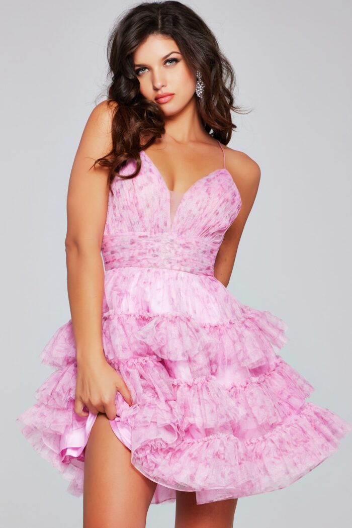 Model wearing Floral Pink V Neckline Dress 36844