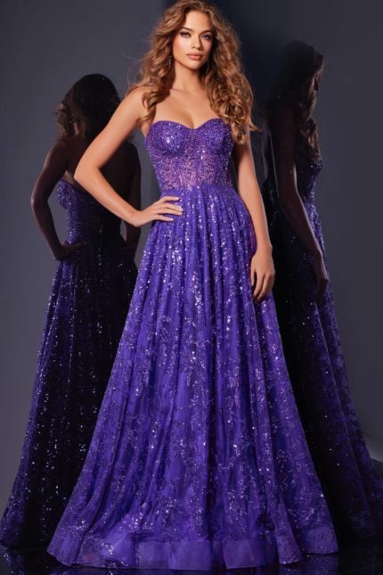 Model wearing Jovani 37413 purple gown, front view with sweetheart neckline and sequins.