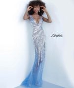 Model showcasing Jovani 3686 blue dress with sequin design.