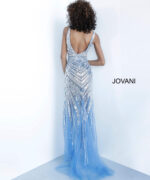 Rear view of model in Jovani 3686 blue dress with sequins.