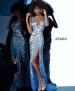 Model wearing Jovani 3686 blue dress styled elegantly.