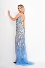 Back view of model wearing Jovani 3686 blue dress with sequin details.