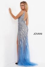 Back of model wearing Jovani 3686 blue dress featuring sequins.