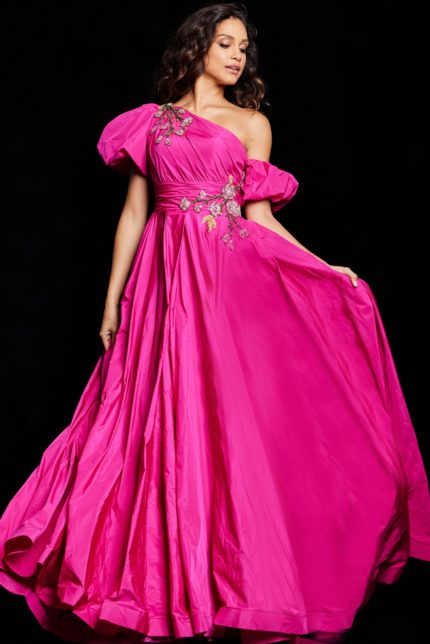 Model wearing Jovani 36872 fuchsia gown showcasing A-line silhouette and floral embroidery, front view.