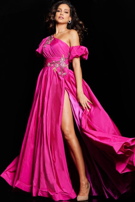 Model wearing Jovani 36872 fuchsia gown with off-the-shoulder neckline and high slit, front view.