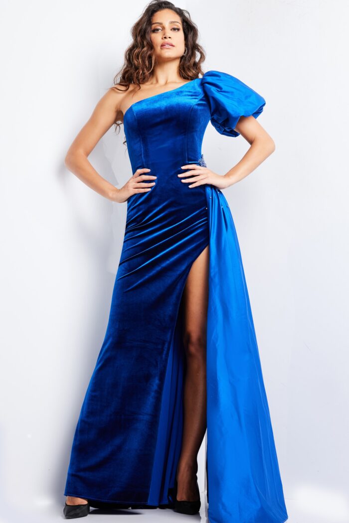 Model wearing Royal High Slit One Shoulder Gown 36878
