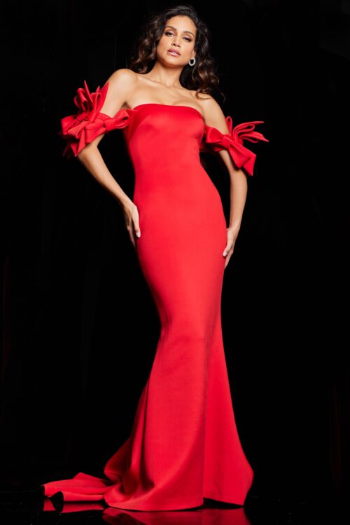 Model wearing Red Off the Shoulder Fitted Dress 36997