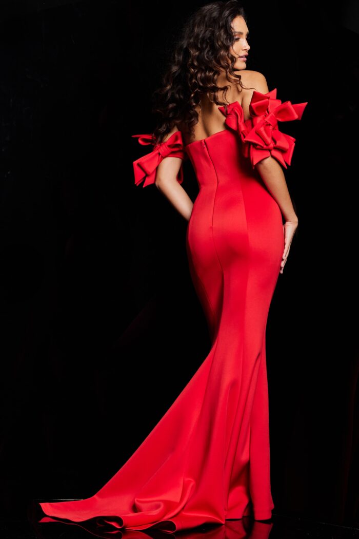 Model wearing Red Off the Shoulder Fitted Dress 36997