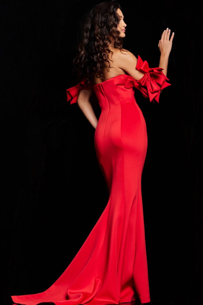 Model wearing Red Off the Shoulder Fitted Dress 36997