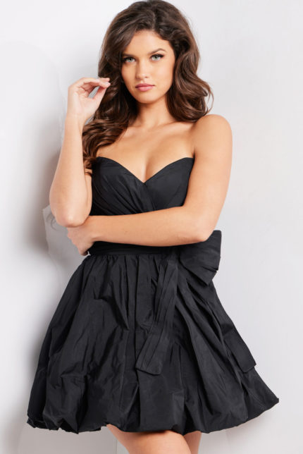 Model wearing Jovani 37016 black dress showcasing sweetheart neckline and fitted bodice.