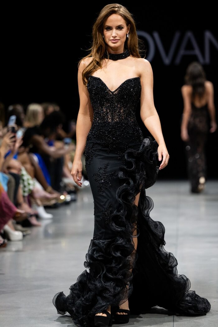 Model wearing Black V Neckline Sheer Dress Style 37036