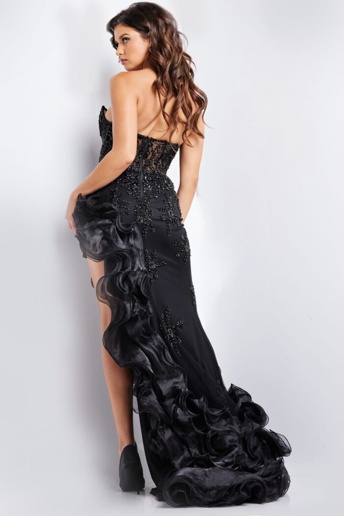 Model wearing Black embellished High Slit Gown 37036