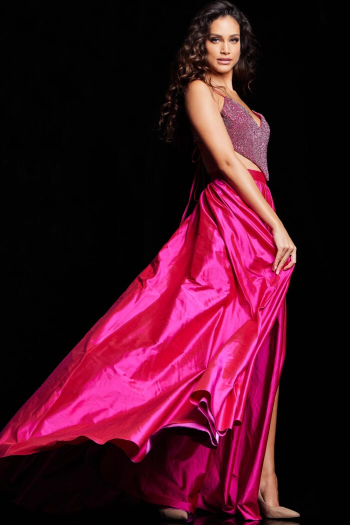 Model wearing Fuchsia Two Piece A Line Gown 37045