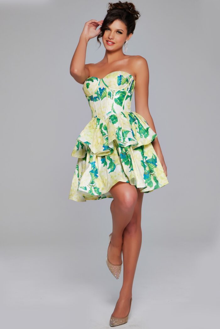 Model wearing Floral Fit and Flare Short Dress JVN37057