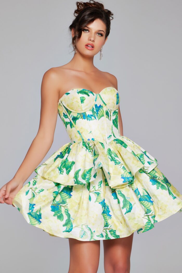 Model wearing Floral Fit and Flare Short Dress JVN37057