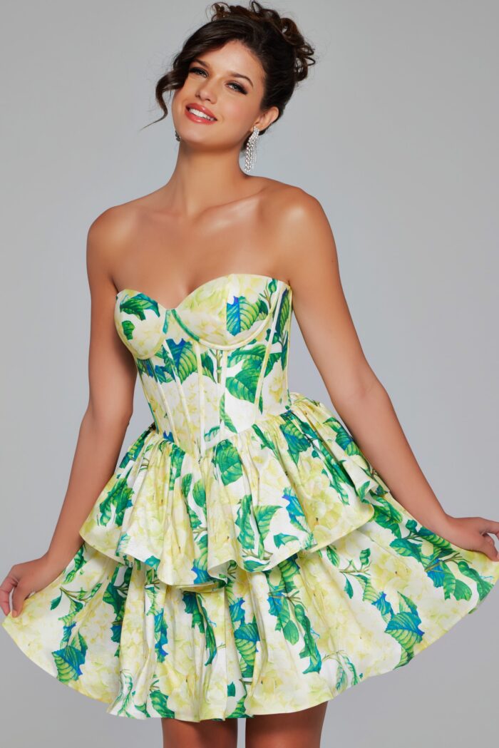 Model wearing Floral Fit and Flare Short Dress JVN37057