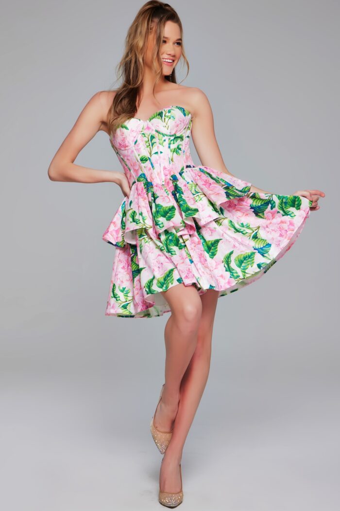 Model wearing Floral Fit and Flare Short Dress JVN37057