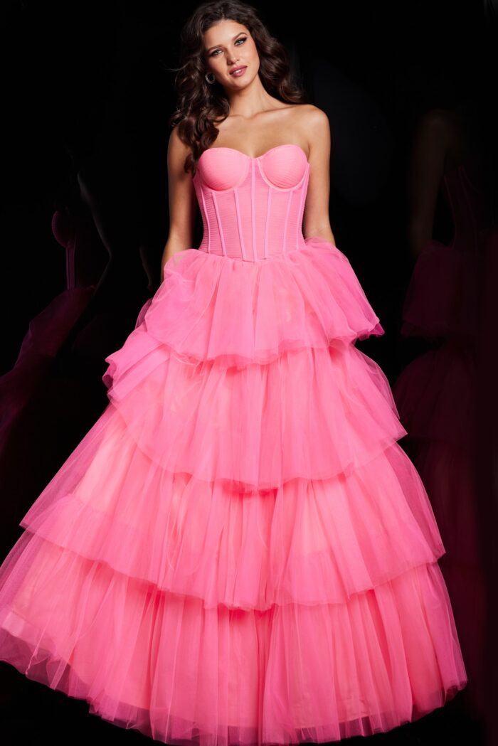 Model wearing Hot Pink Tulle Corset Bodice Ballgown 37062