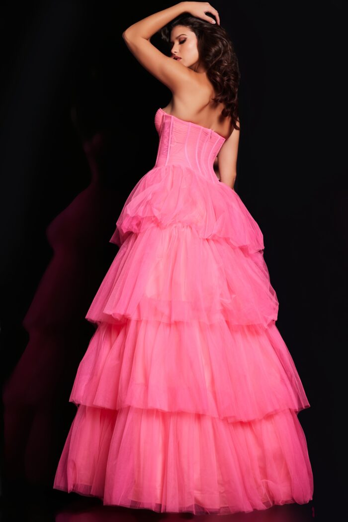 Model wearing Hot Pink Tulle Corset Bodice Ballgown 37062