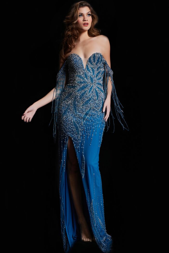 Model wearing Teal silver Plunging Neck Beaded Dress 37073