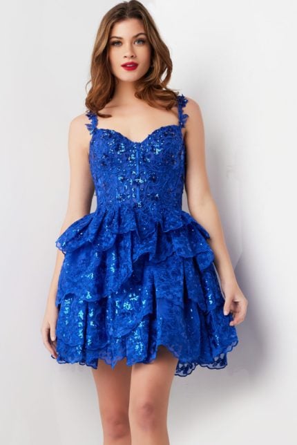 model wearing Jovani 37080 royal blue dress with lace and ruffles